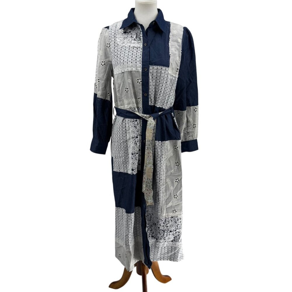 Gabby Isabella Womens Long Patchwork Denim & Lace Dress Blue & White Size S